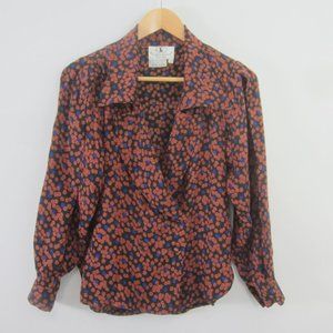 Vtg Flora Kung Womens 2 Brown Blue Black Floral LS Crossover Silk Blouse Shirt